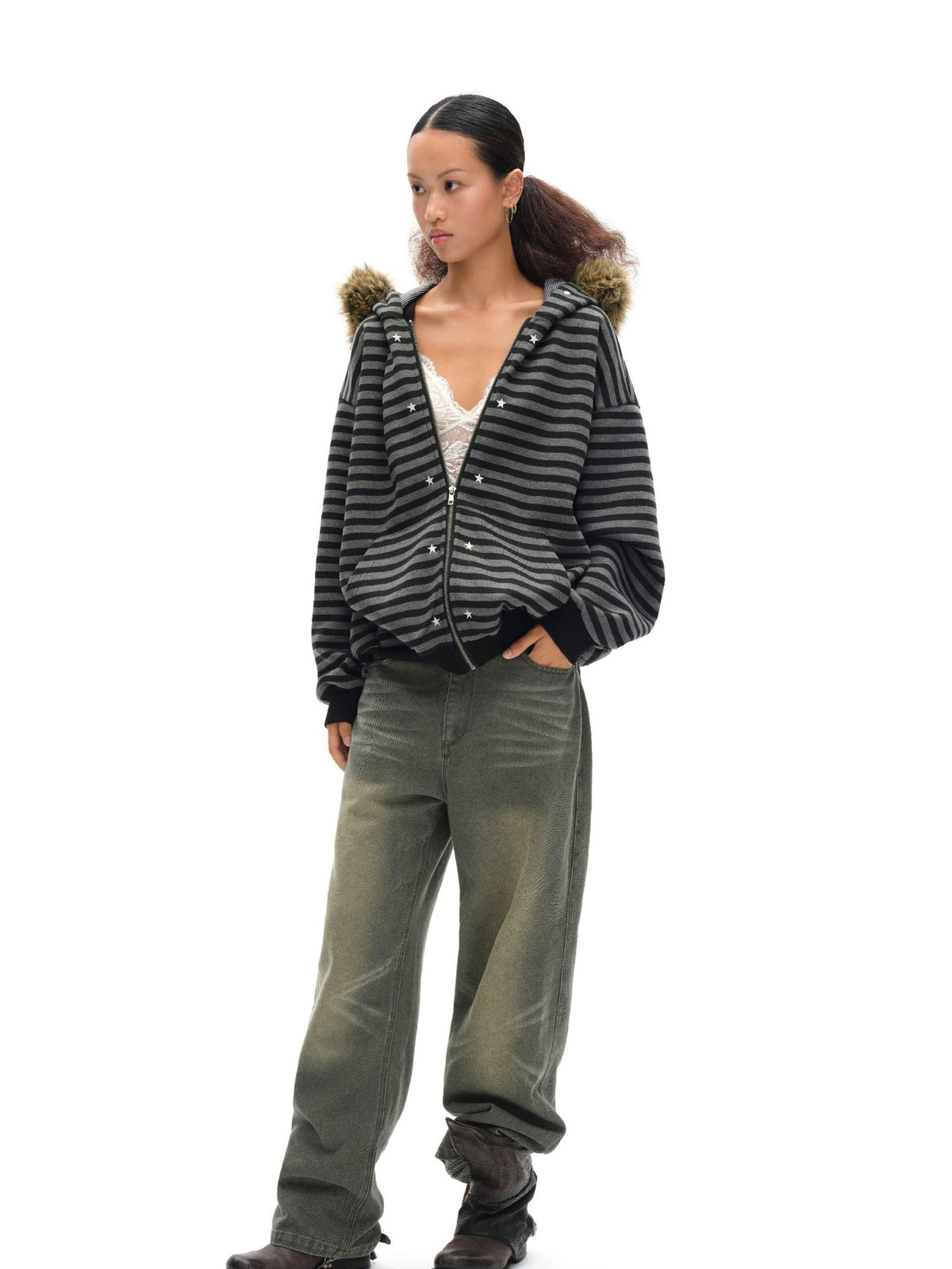 oinimi Black Grey Striped Loose Fit Women&