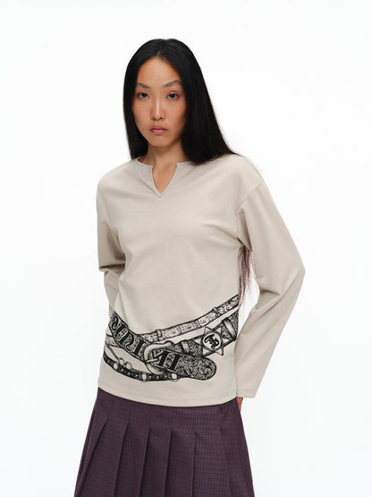oinimi Breathable Casual Straight V-ceck Print Long Sleeve Unisex Poly Cotton T-Shirt