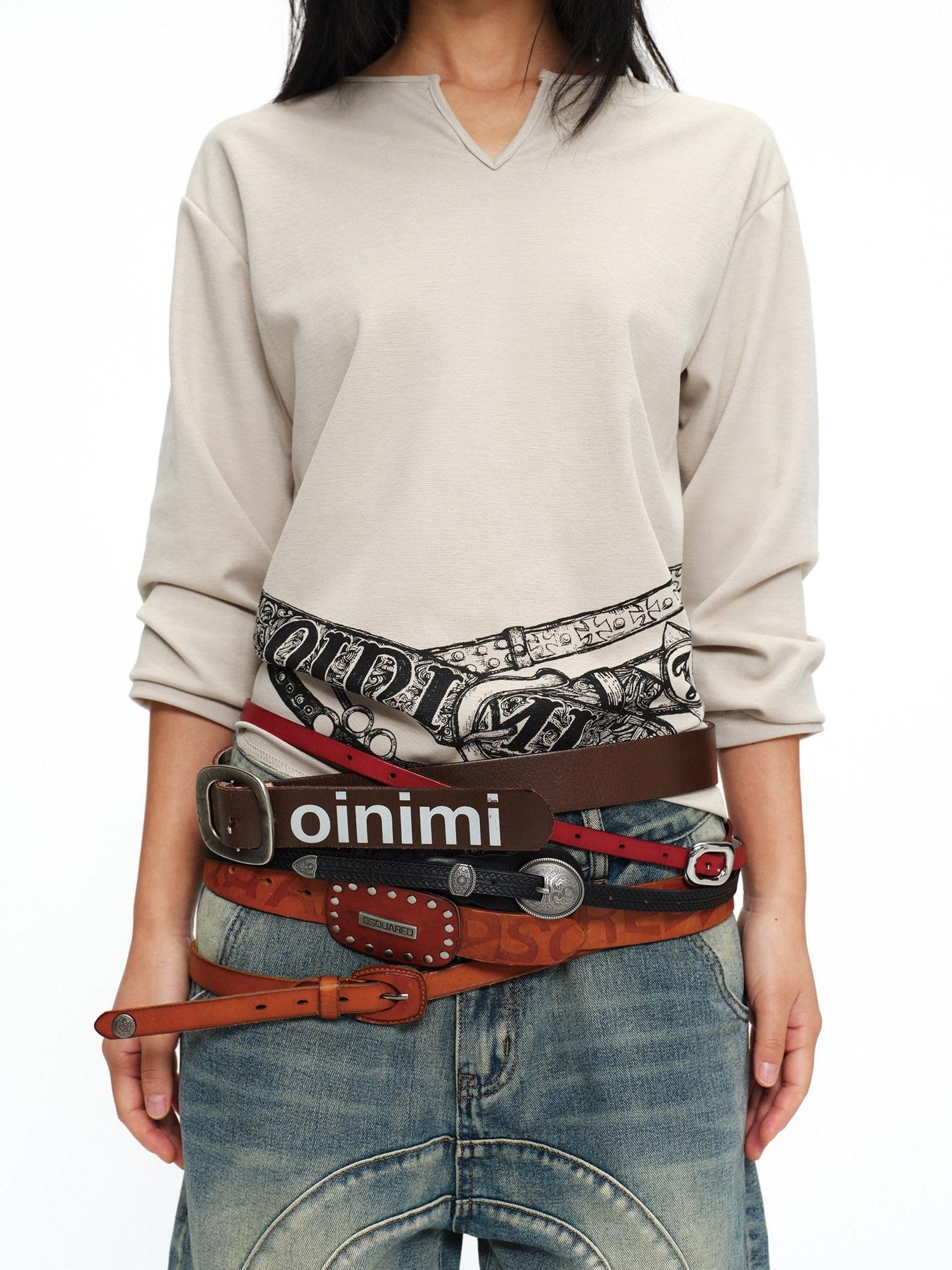 oinimi Breathable Casual Straight V-ceck Print Long Sleeve Unisex Poly Cotton T-Shirt