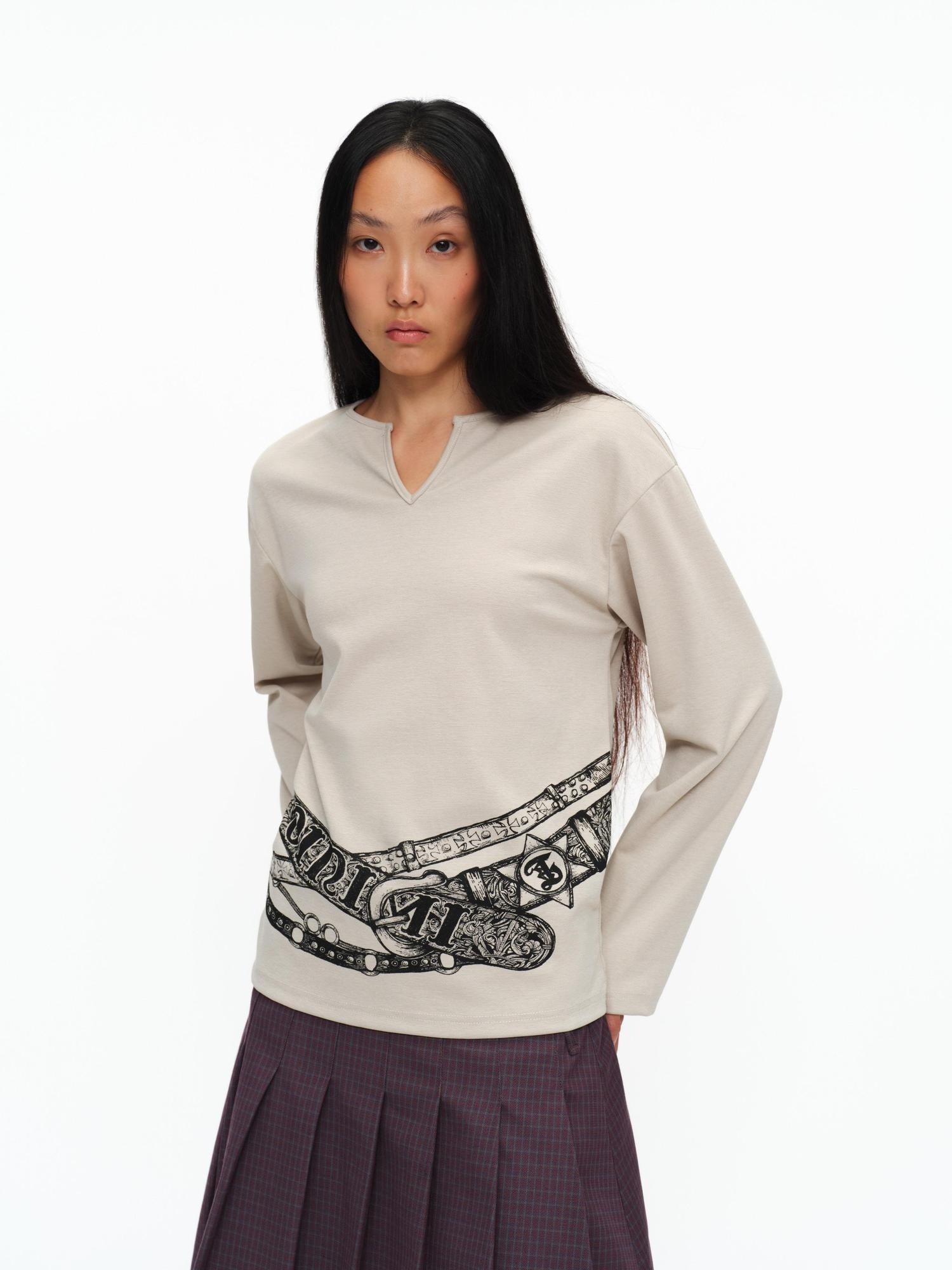oinimi Breathable Casual Straight V-ceck Print Long Sleeve Unisex Poly Cotton T-Shirt