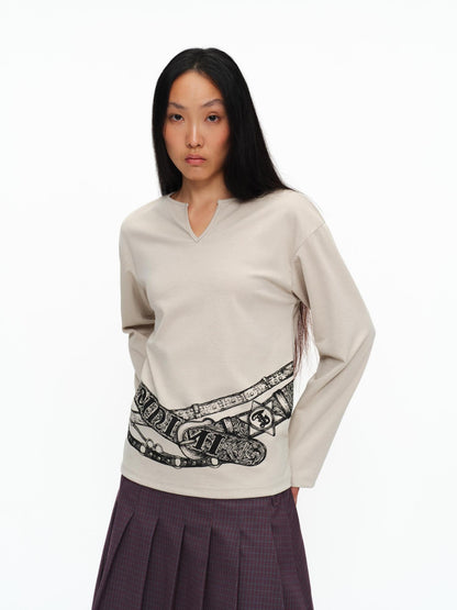 oinimi Breathable Casual Straight V-ceck Print Long Sleeve Unisex Poly Cotton T-Shirt