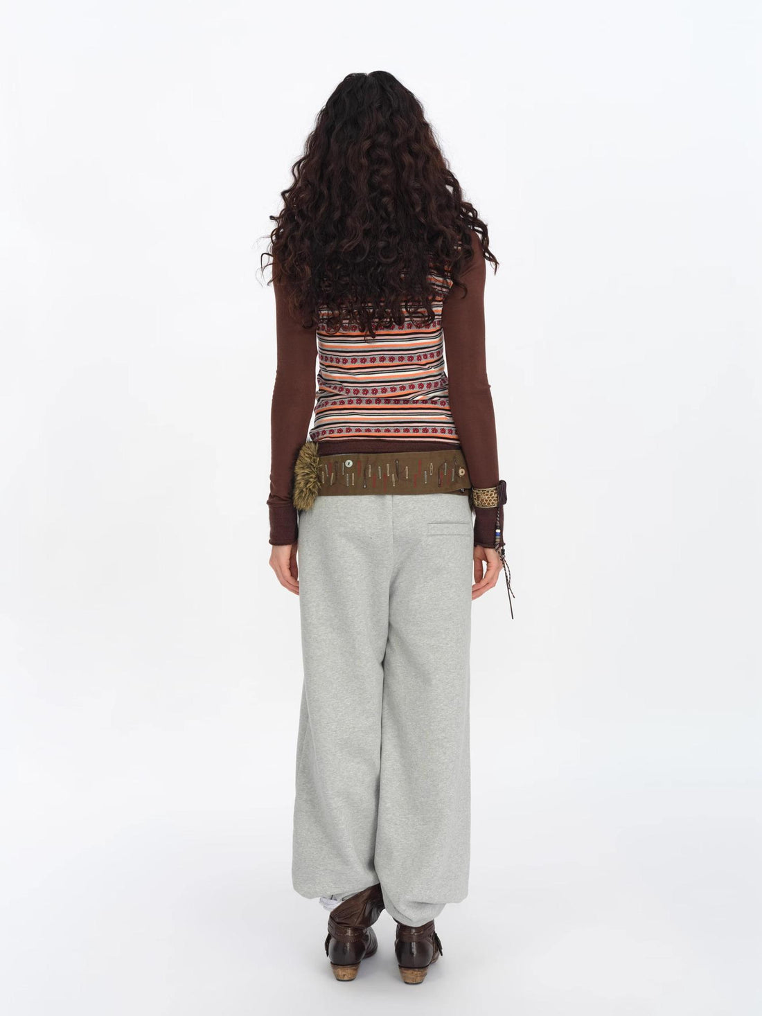 oinimi Brown Stripe Patchwork Tribal Trim Long Sleeve T-Shirt