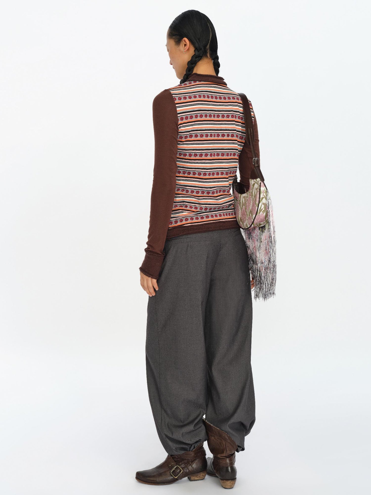 oinimi Brown Stripe Patchwork Tribal Trim Long Sleeve T-Shirt