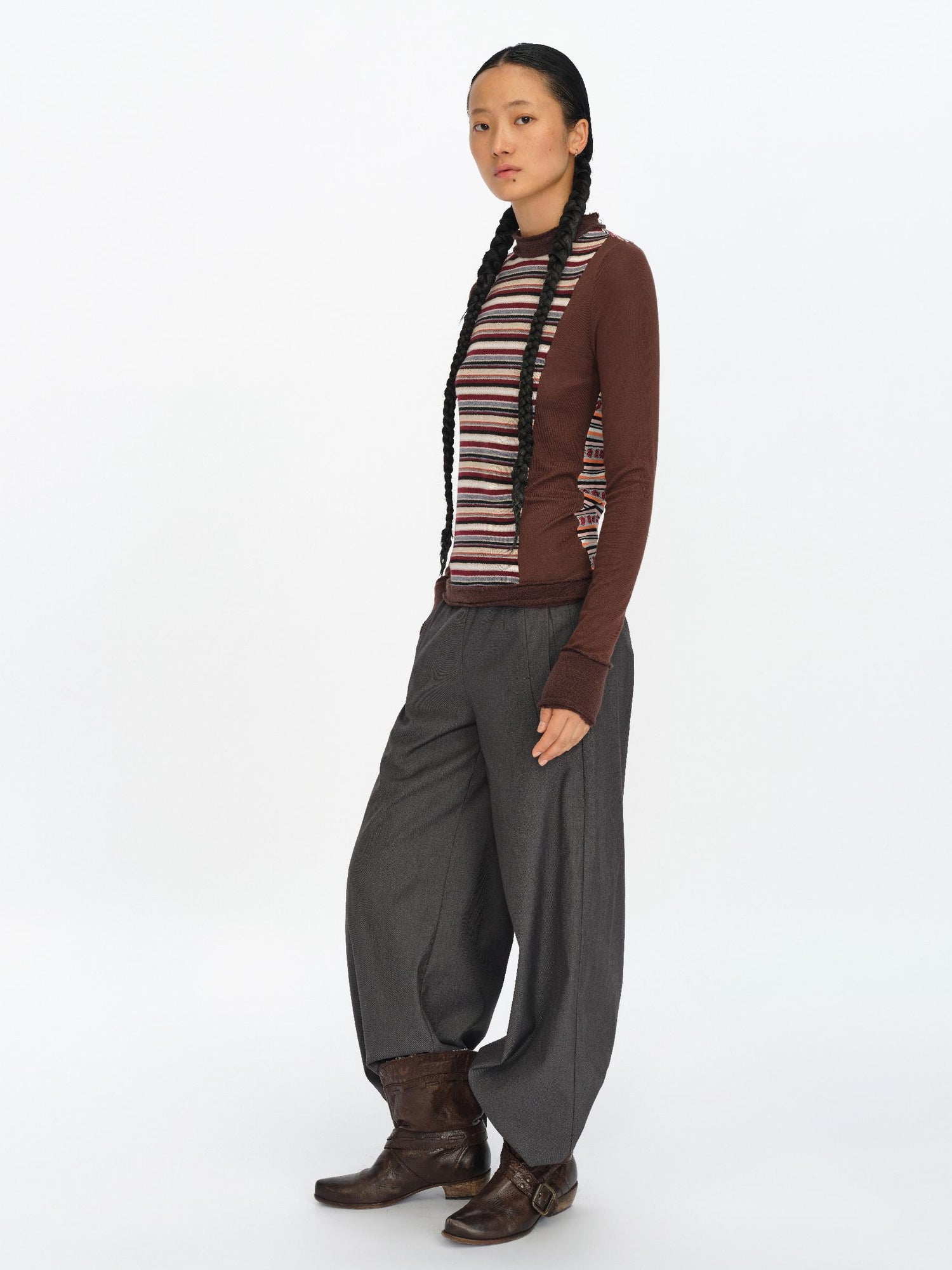 oinimi Brown Stripe Patchwork Tribal Trim Long Sleeve T-Shirt