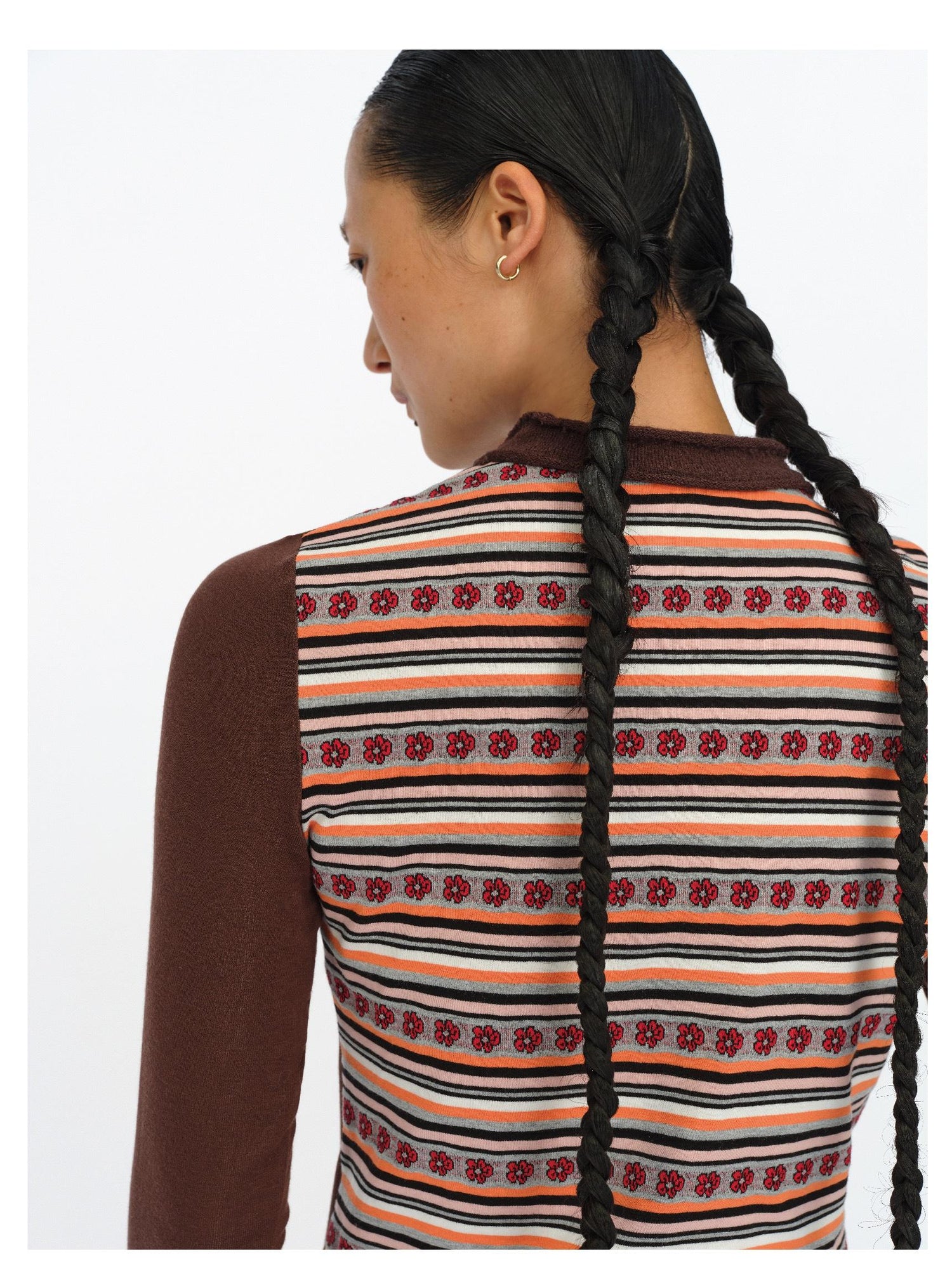 oinimi Brown Stripe Patchwork Tribal Trim Long Sleeve T-Shirt