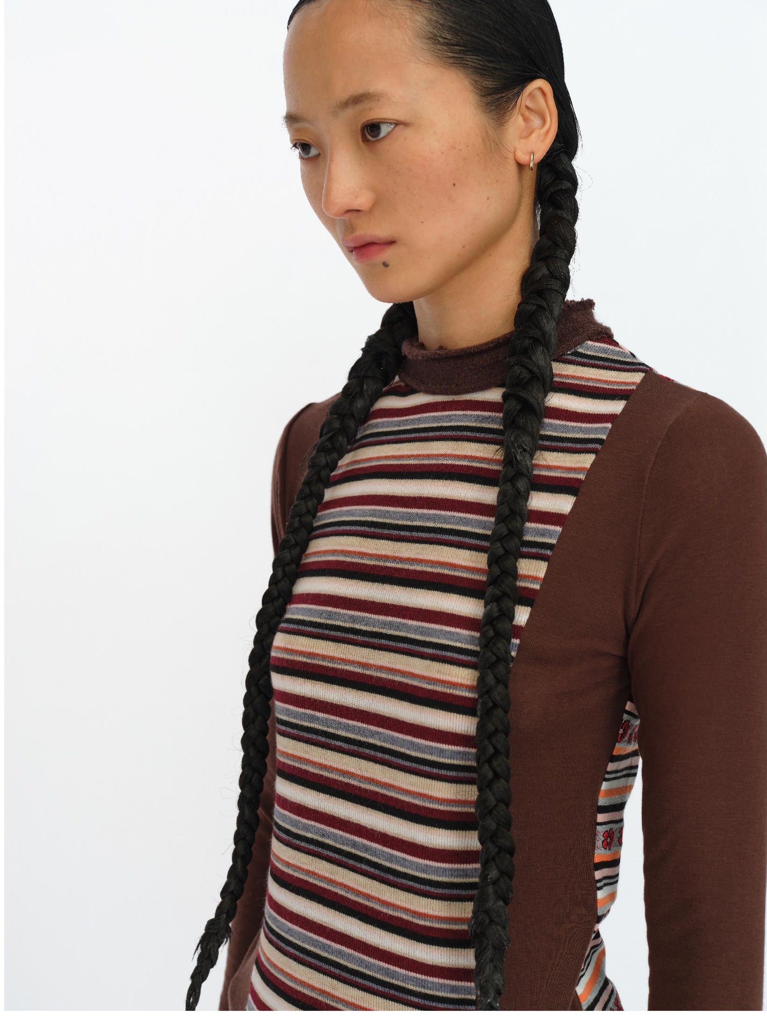 oinimi Brown Stripe Patchwork Tribal Trim Long Sleeve T-Shirt