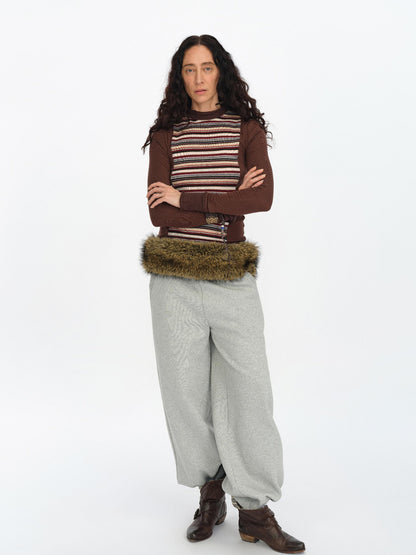 oinimi Brown Stripe Patchwork Tribal Trim Long Sleeve T-Shirt