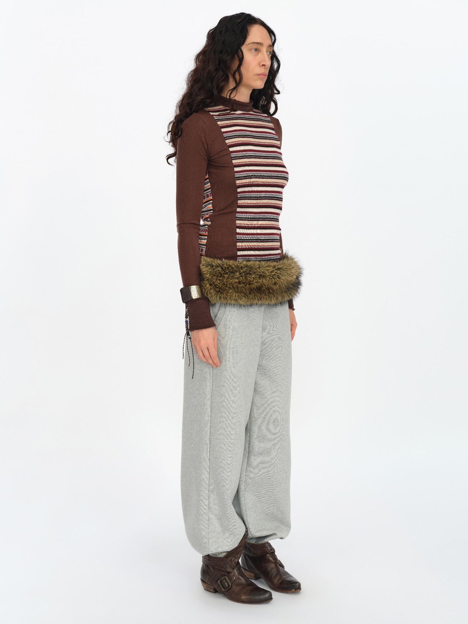 oinimi Brown Stripe Patchwork Tribal Trim Long Sleeve T-Shirt