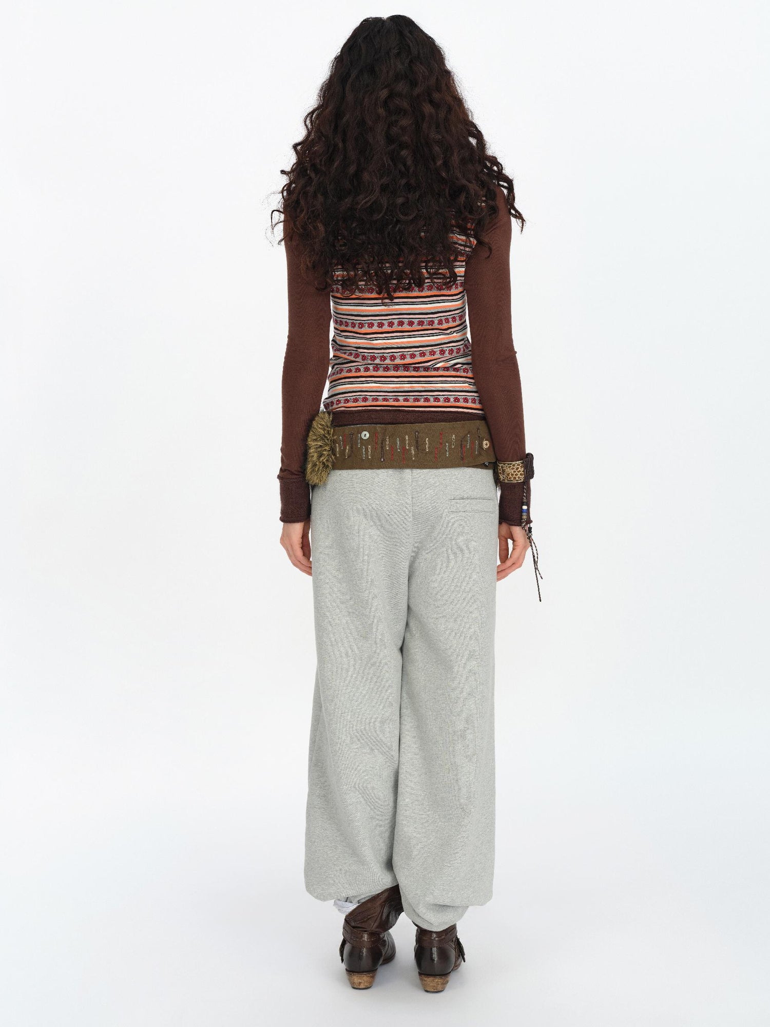 oinimi Brown Stripe Patchwork Tribal Trim Long Sleeve T-Shirt