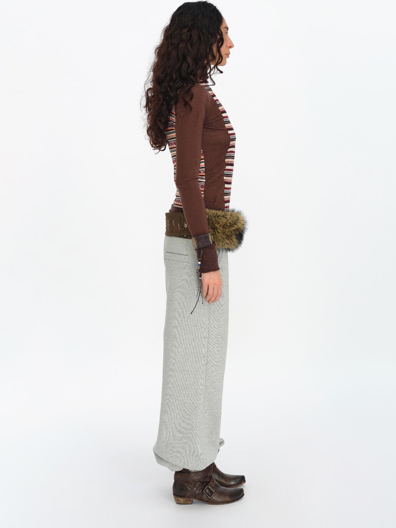 oinimi Brown Stripe Patchwork Tribal Trim Long Sleeve T-Shirt