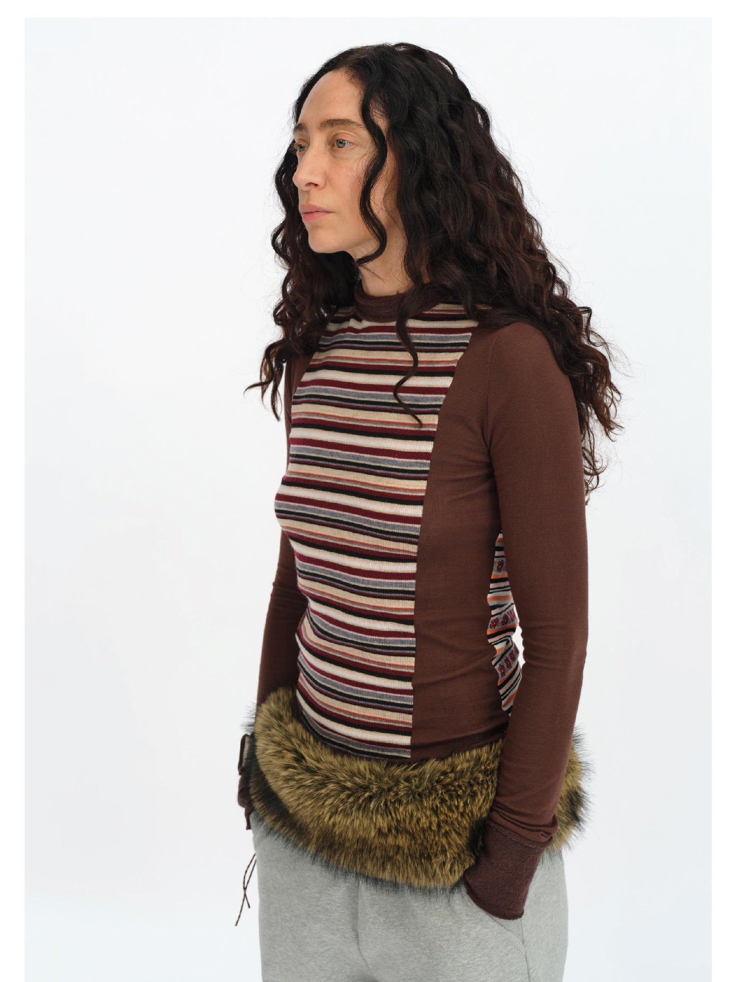 oinimi Brown Stripe Patchwork Tribal Trim Long Sleeve T-Shirt