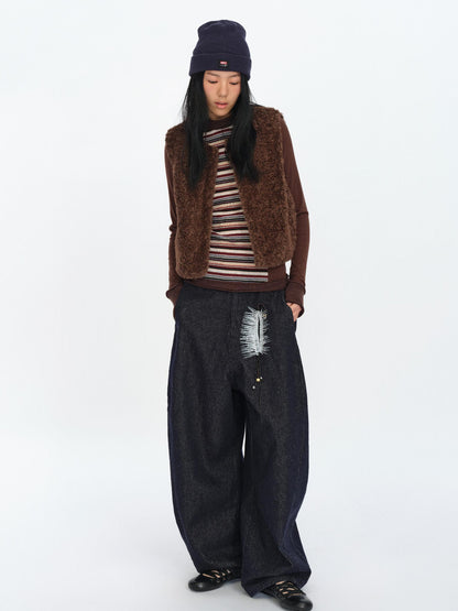 oinimi Brown Stripe Patchwork Tribal Trim Long Sleeve T-Shirt