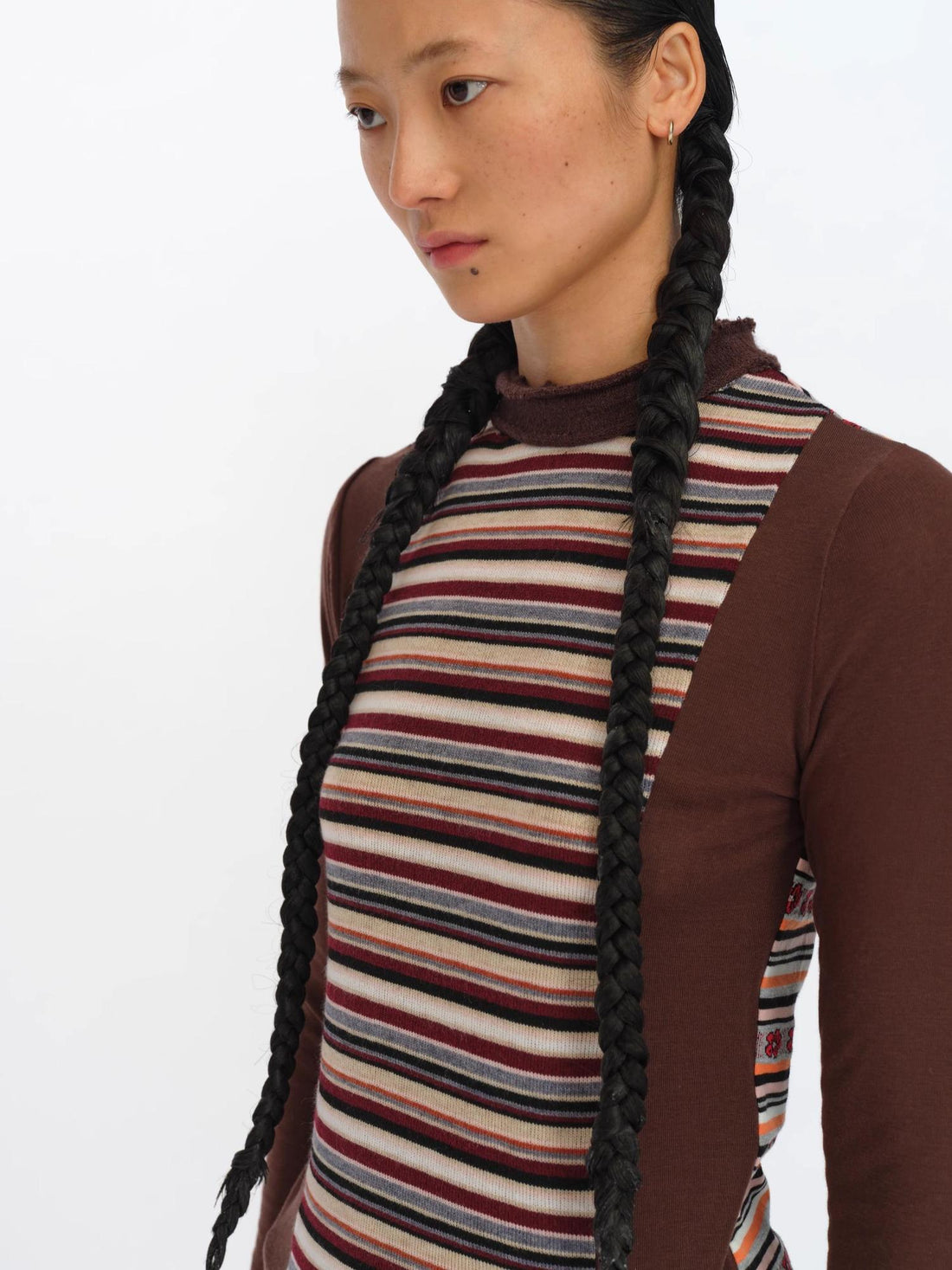 oinimi Brown Stripe Patchwork Tribal Trim Long Sleeve T-Shirt