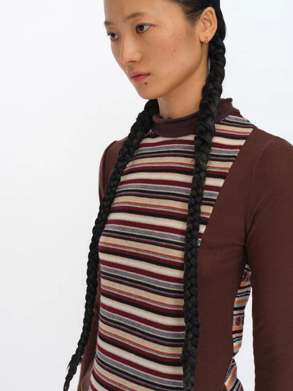 oinimi Brown Stripe Patchwork Tribal Trim Long Sleeve T-Shirt