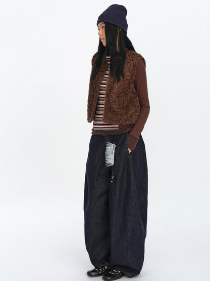 oinimi Brown Stripe Patchwork Tribal Trim Long Sleeve T-Shirt