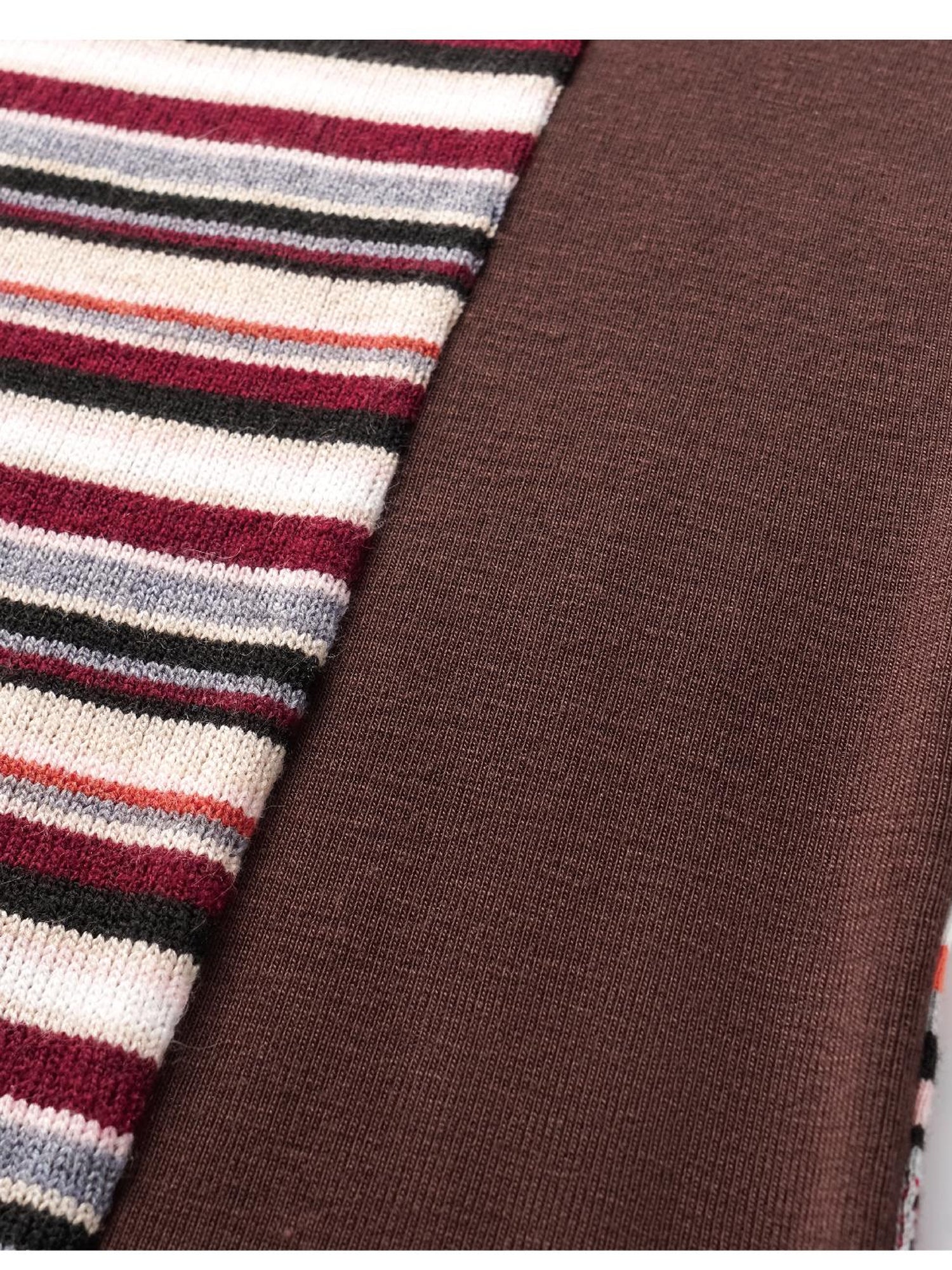 oinimi Brown Stripe Patchwork Tribal Trim Long Sleeve T-Shirt