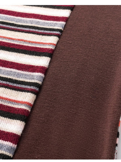 oinimi Brown Stripe Patchwork Tribal Trim Long Sleeve T-Shirt