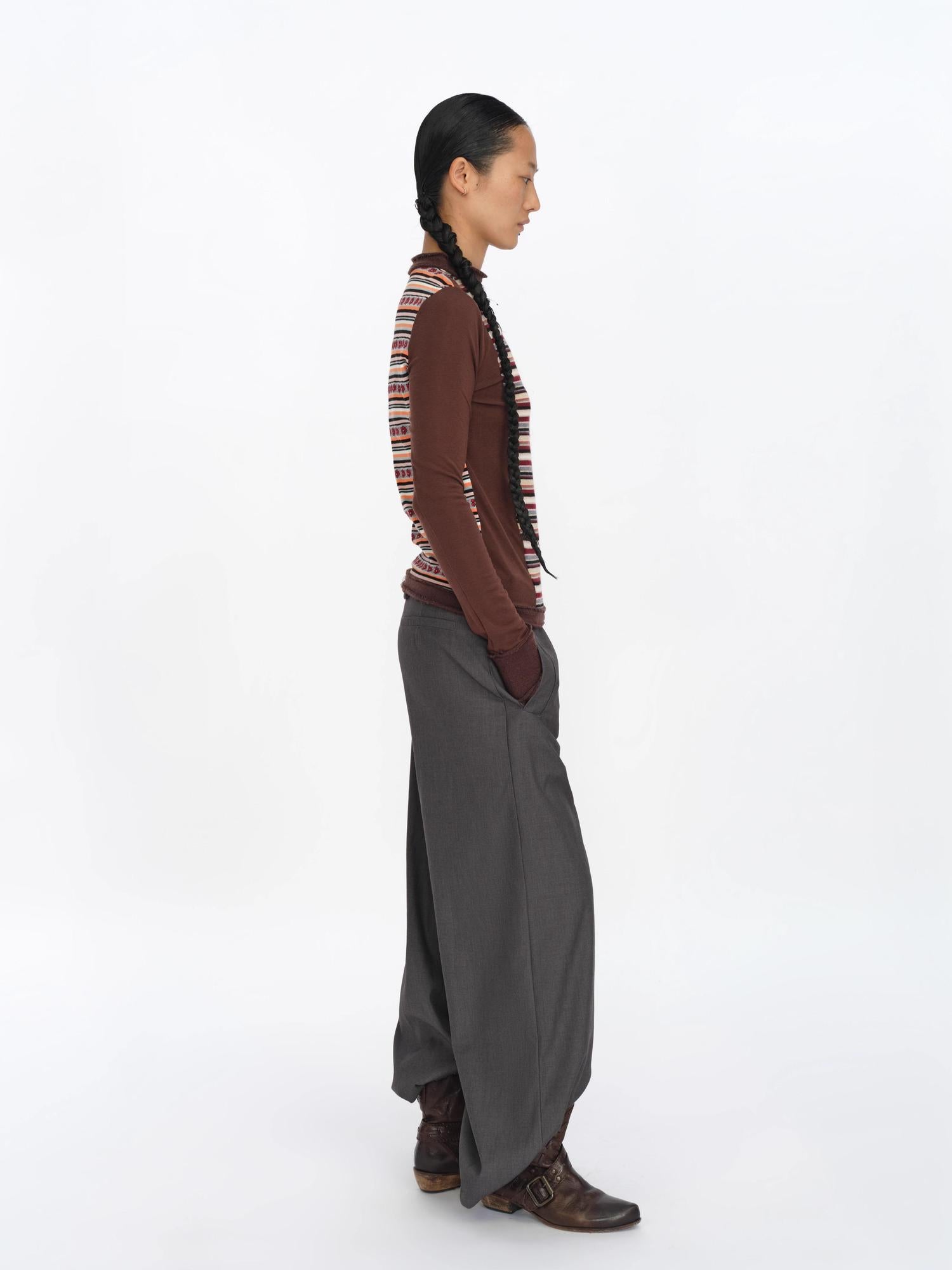 oinimi Brown Stripe Patchwork Tribal Trim Long Sleeve T-Shirt