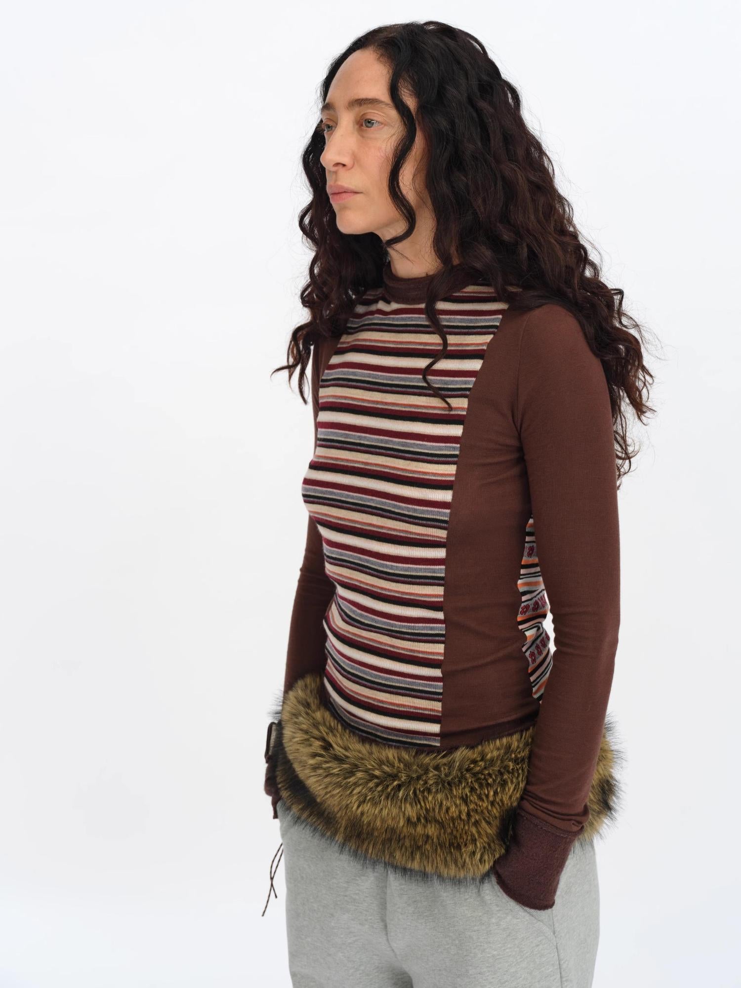 oinimi Brown Stripe Patchwork Tribal Trim Long Sleeve T-Shirt