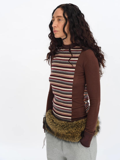 oinimi Brown Stripe Patchwork Tribal Trim Long Sleeve T-Shirt