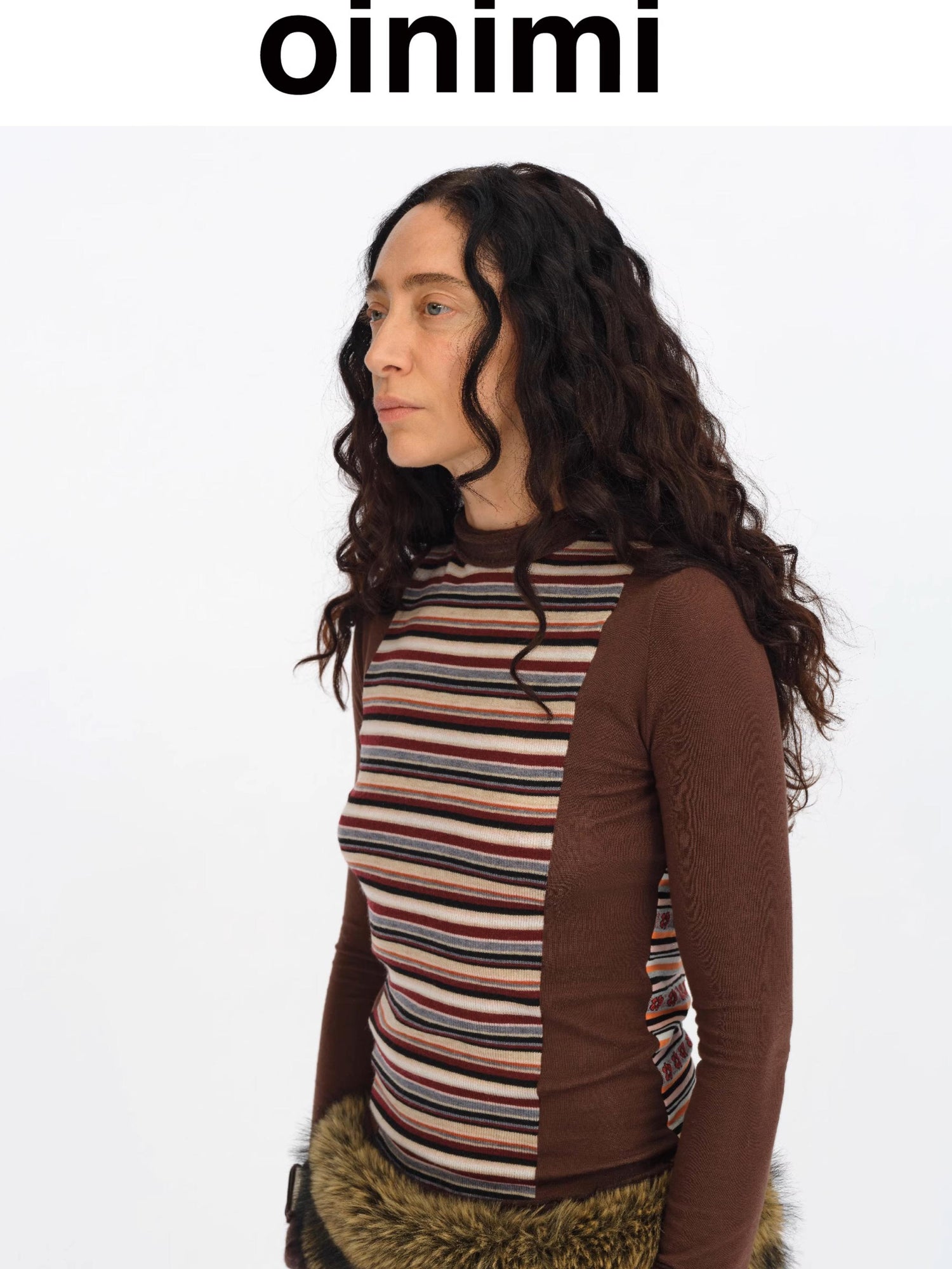 oinimi Brown Stripe Patchwork Tribal Trim Long Sleeve T-Shirt