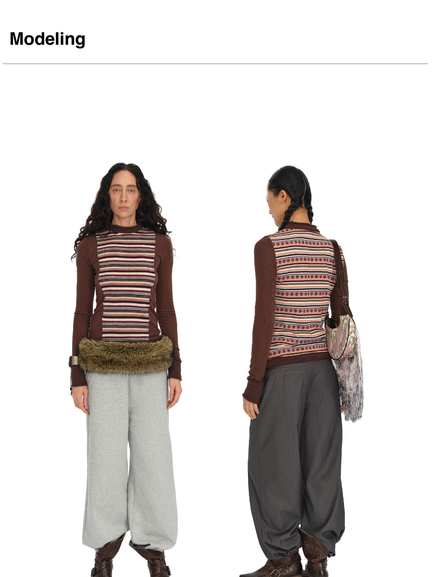 oinimi Brown Stripe Patchwork Tribal Trim Long Sleeve T-Shirt