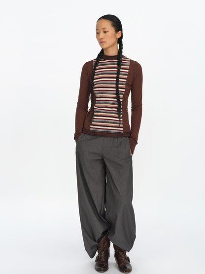 oinimi Brown Stripe Patchwork Tribal Trim Long Sleeve T-Shirt