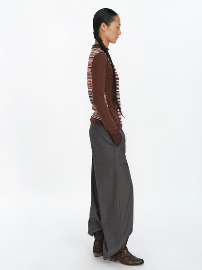 oinimi Brown Stripe Patchwork Tribal Trim Long Sleeve T-Shirt