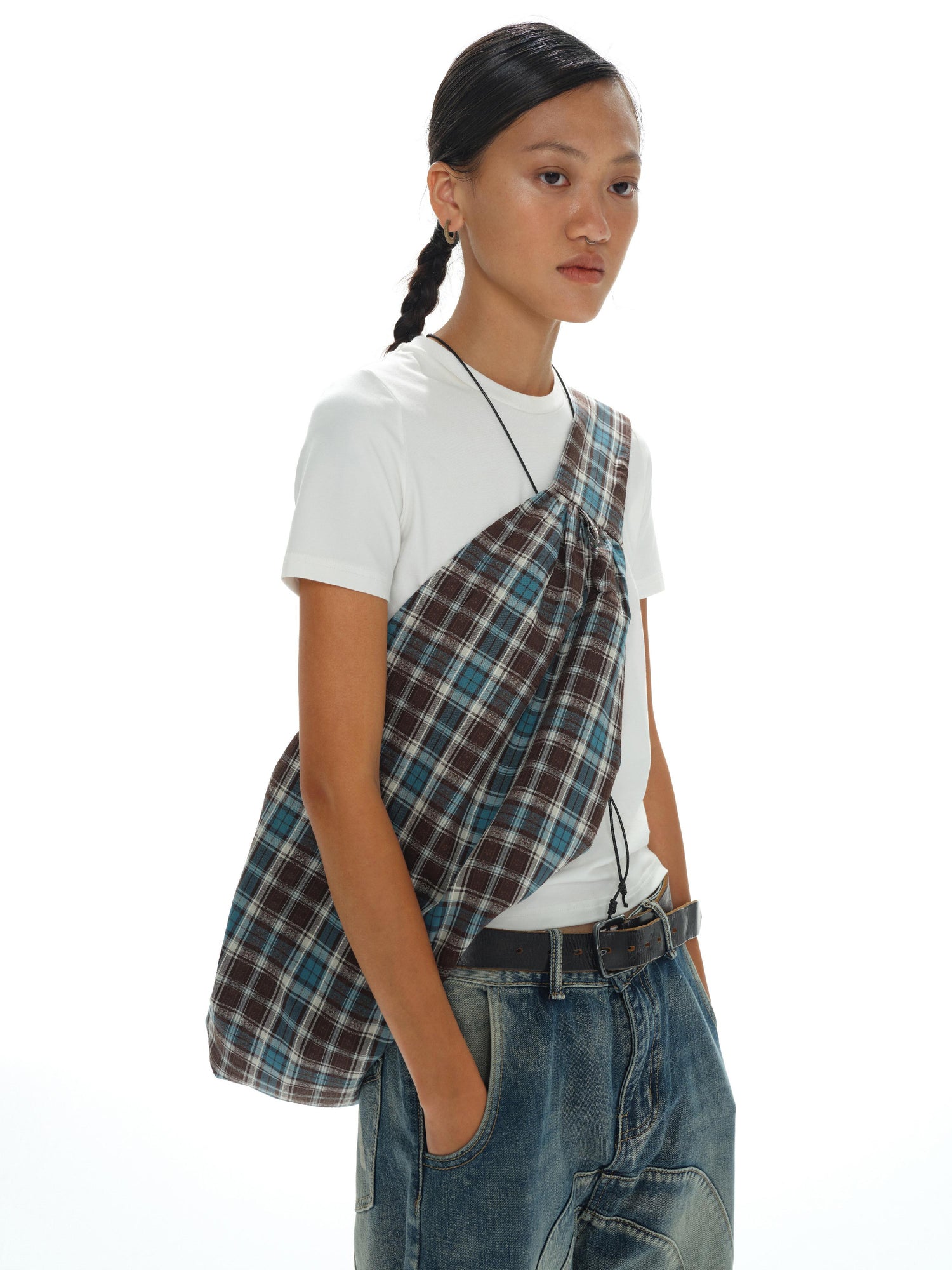 oinimi Canvas Checkered Crossbody Bag In Lake Blue