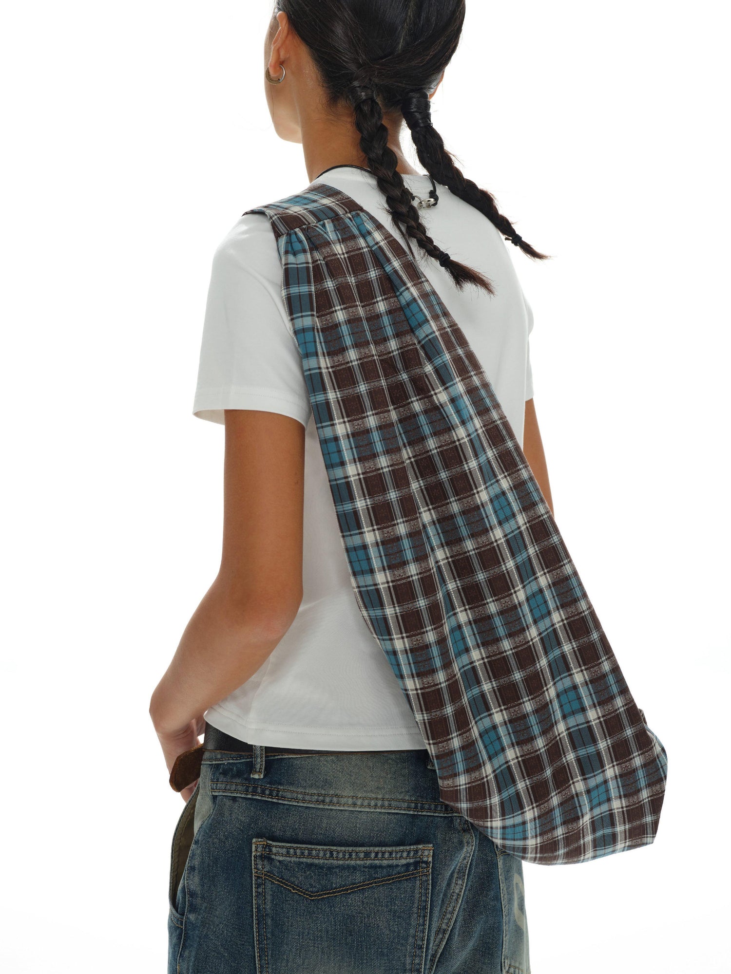 oinimi Canvas Checkered Crossbody Bag In Lake Blue