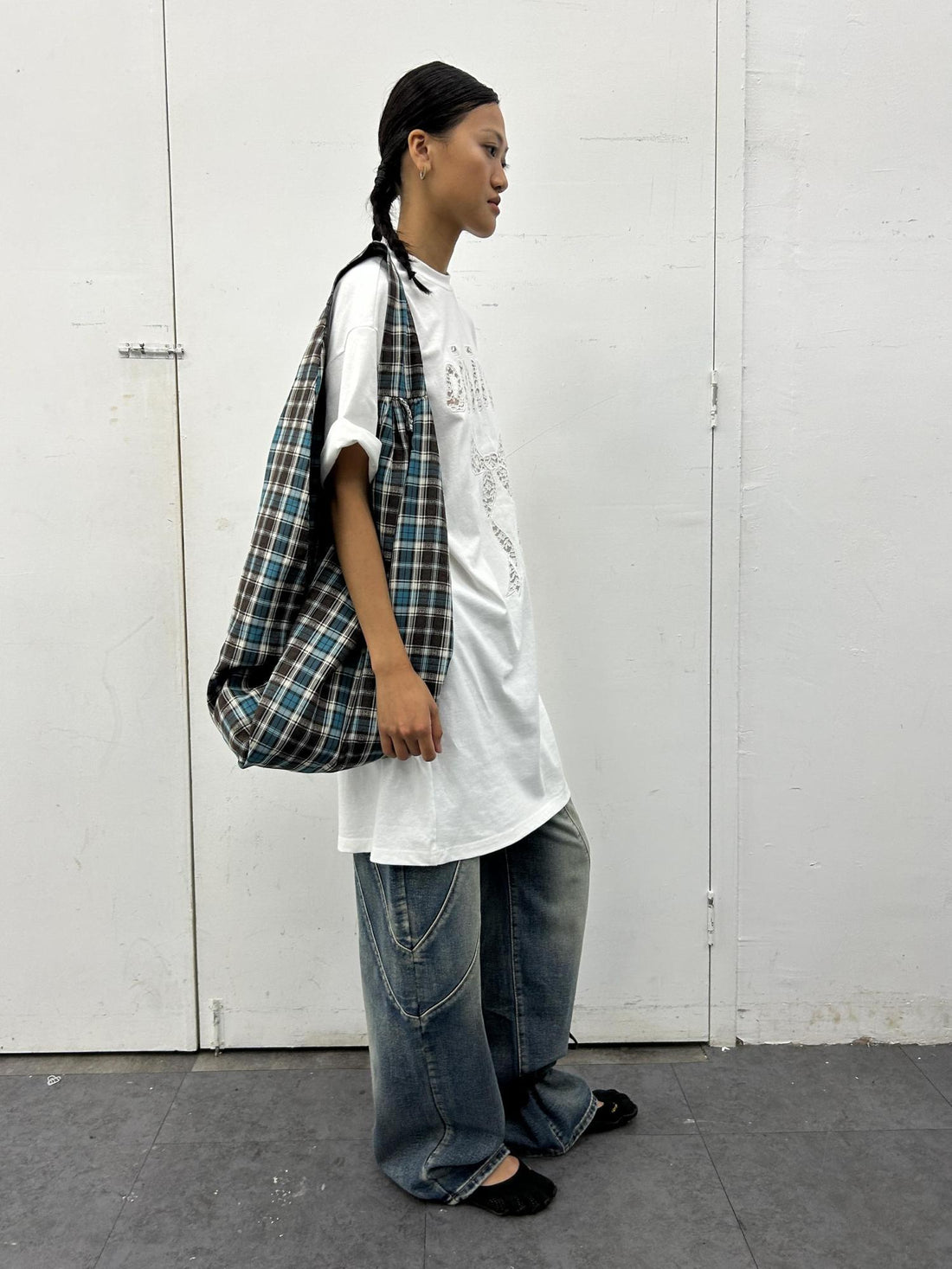 oinimi Canvas Checkered Crossbody Bag In Lake Blue