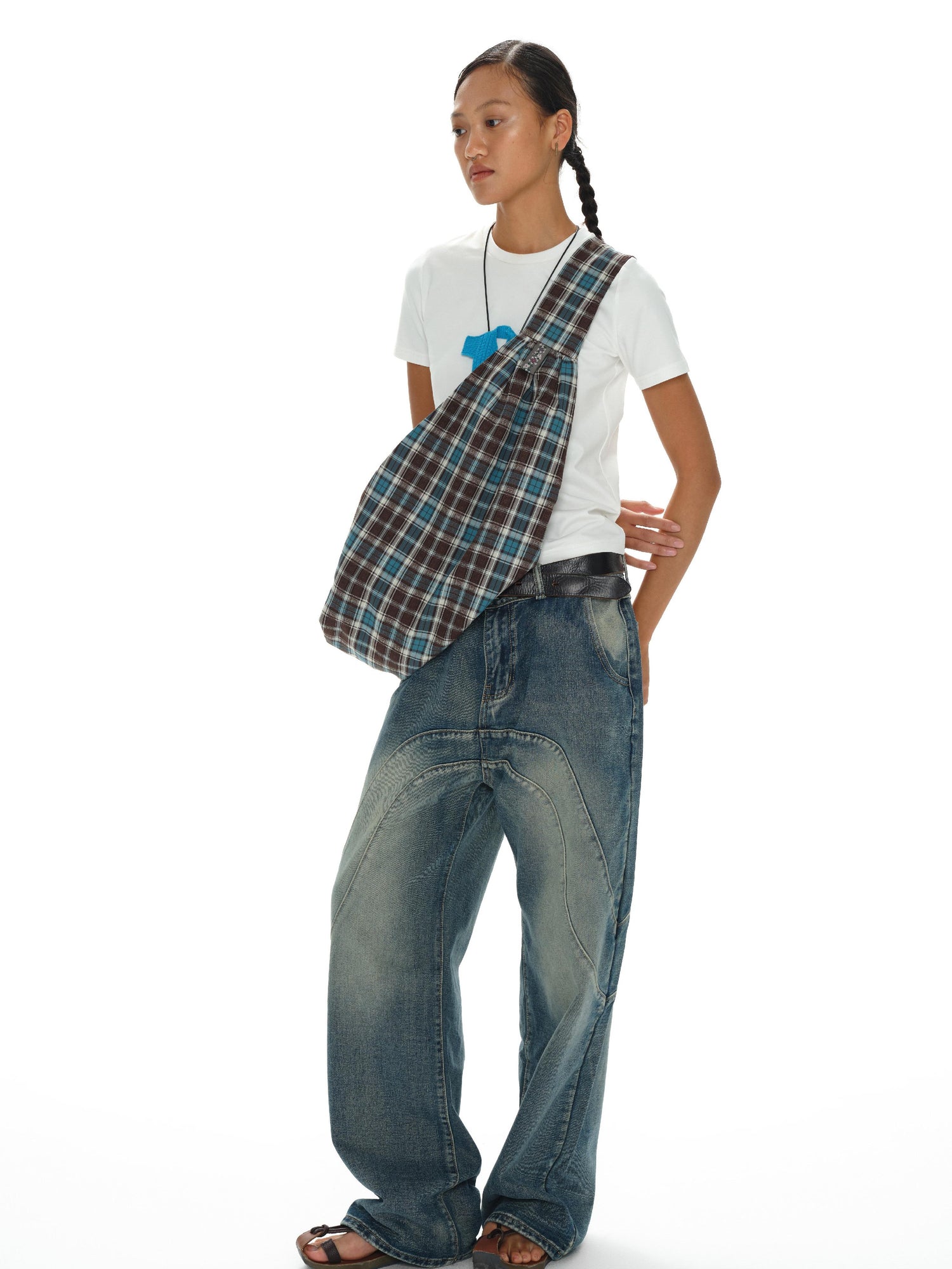 oinimi Canvas Checkered Crossbody Bag In Lake Blue
