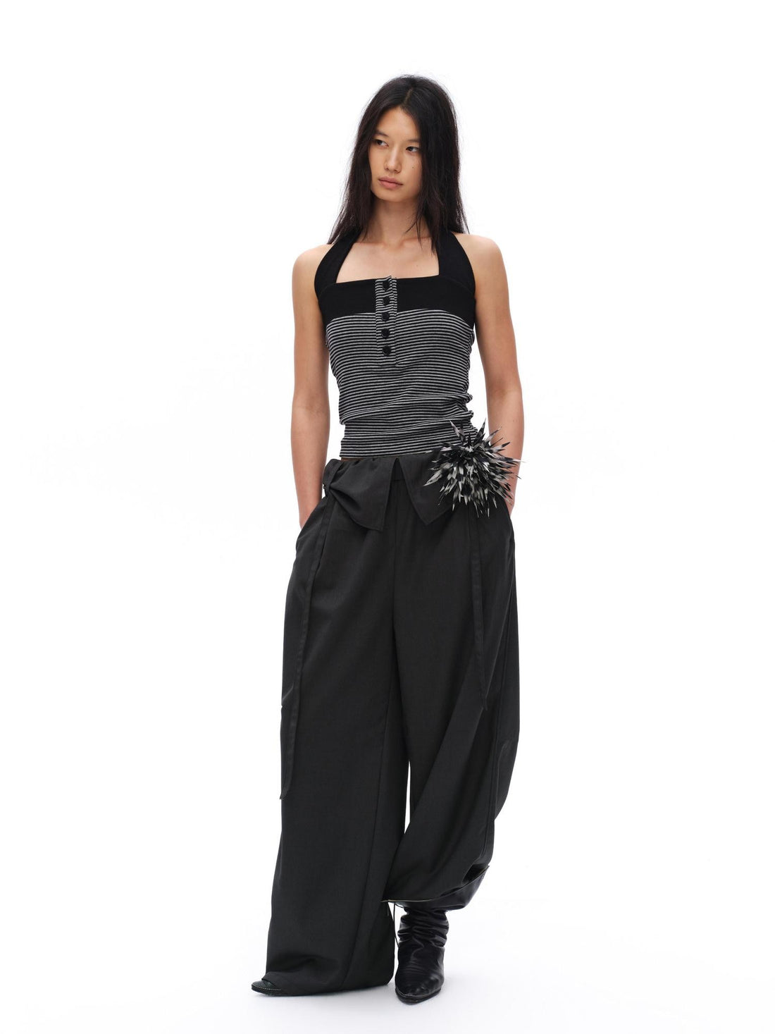 oinimi Charcoal Gray Paperbag Tie Waist Women&