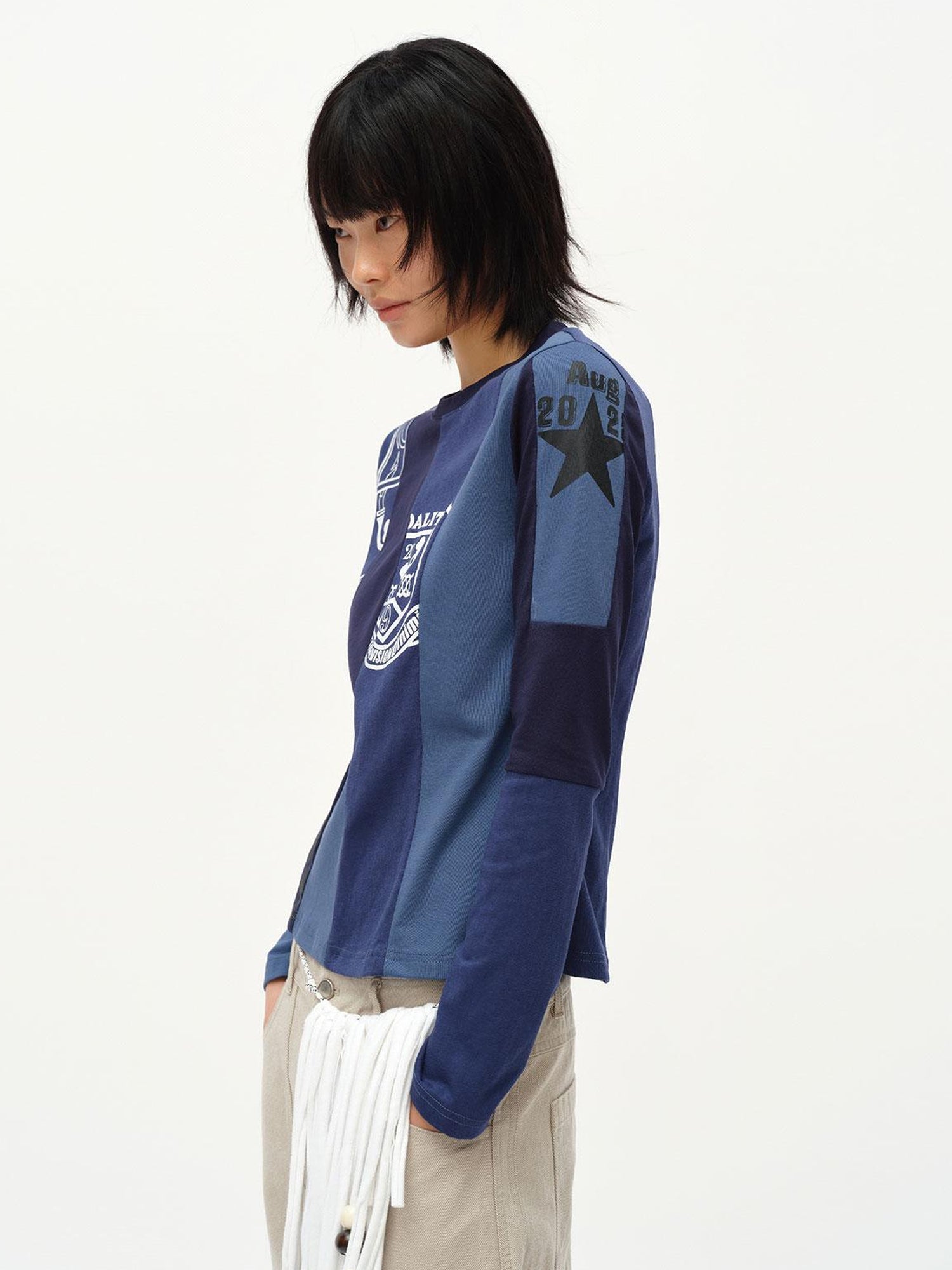 oinimi Code Blue White Paneled Long Sleeve Tee