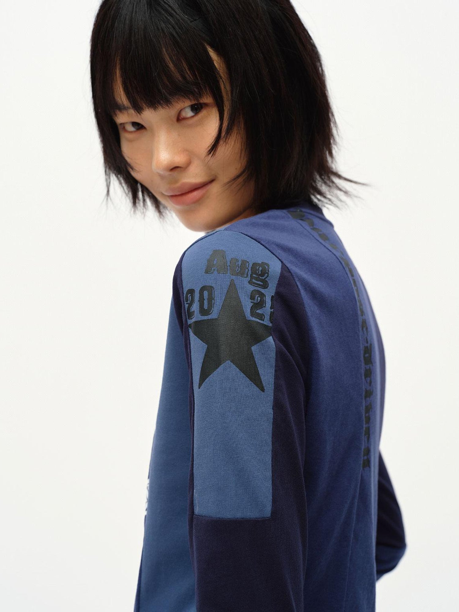 oinimi Code Blue White Paneled Long Sleeve Tee