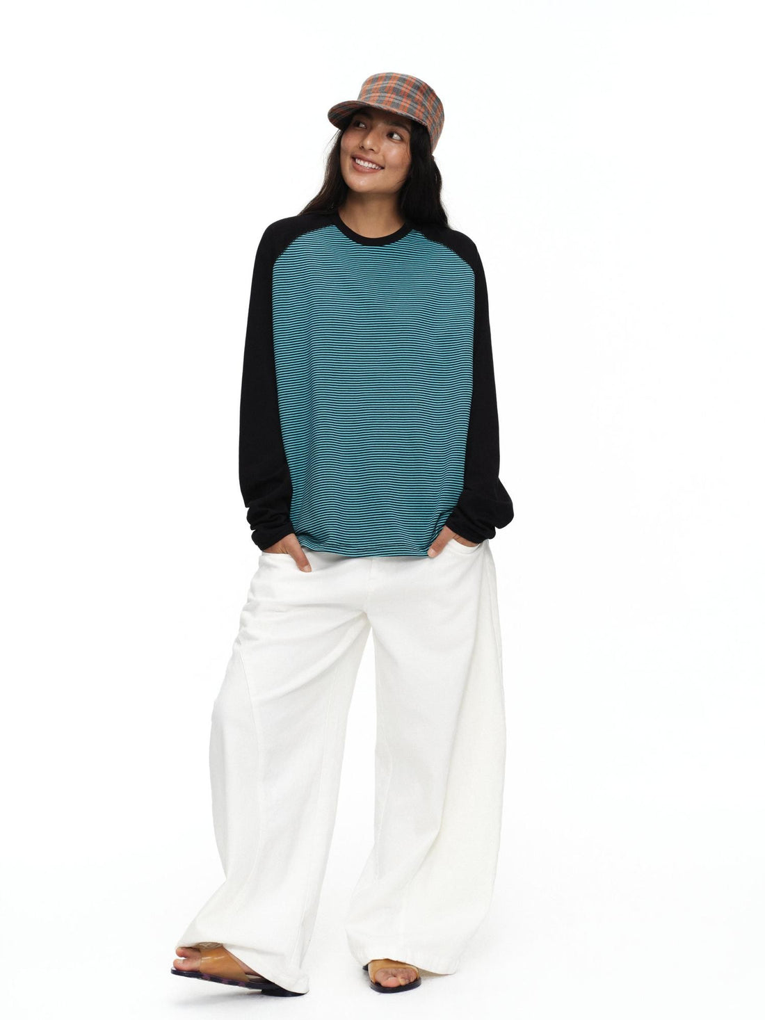 oinimi Contrast Stripe Patchwork Loose Raglan Women&