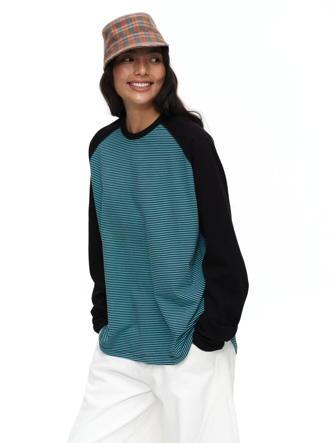 oinimi Contrast Stripe Patchwork Loose Raglan Women&
