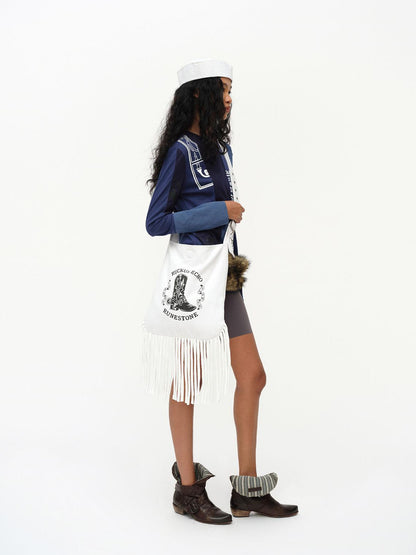 oinimi Cowboy Boot Print Fringe Crossbody Bag