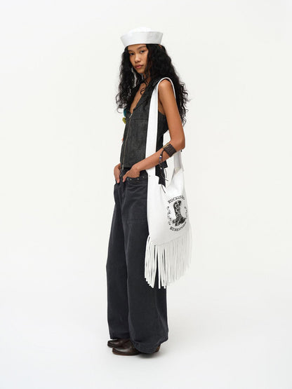 oinimi Cowboy Boot Print Fringe Crossbody Bag