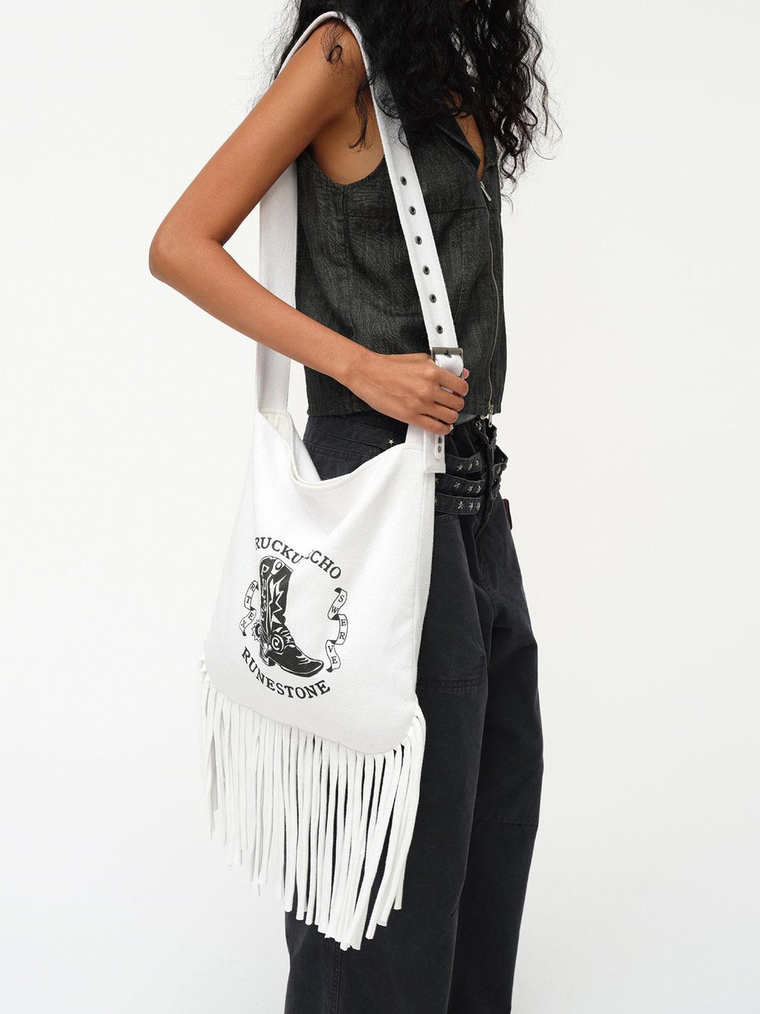 oinimi Cowboy Boot Print Fringe Crossbody Bag