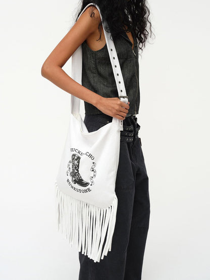 oinimi Cowboy Boot Print Fringe Crossbody Bag