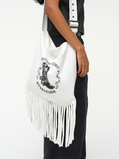 oinimi Cowboy Boot Print Fringe Crossbody Bag