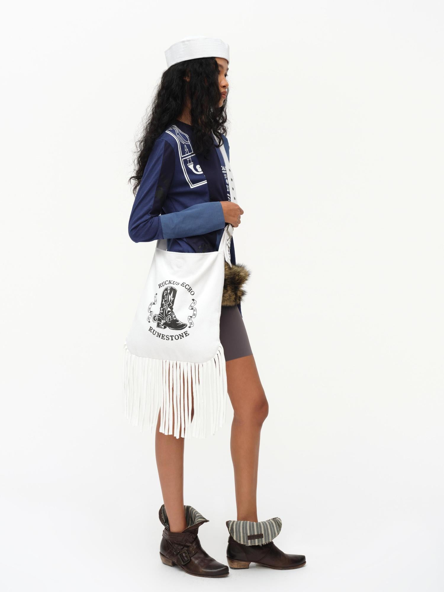 oinimi Cowboy Boot Print Fringe Crossbody Bag