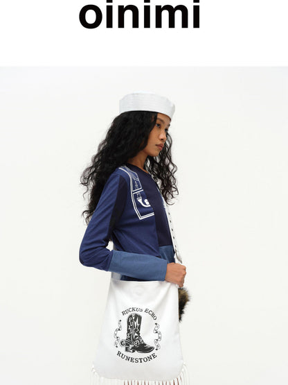 oinimi Cowboy Boot Print Fringe Crossbody Bag