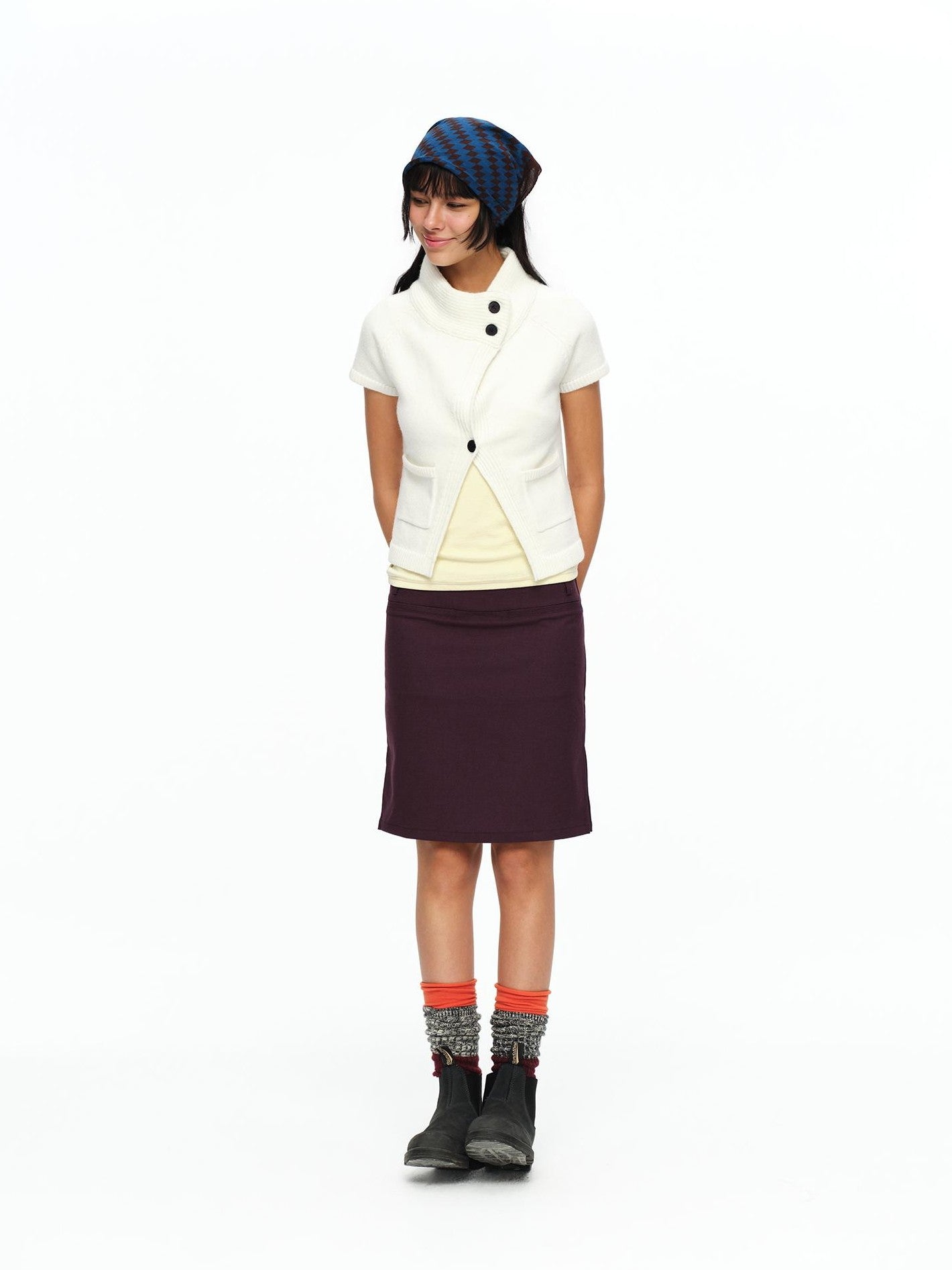 oinimi Cream Asymmetric Ribbed Stand Collar Layering Women&