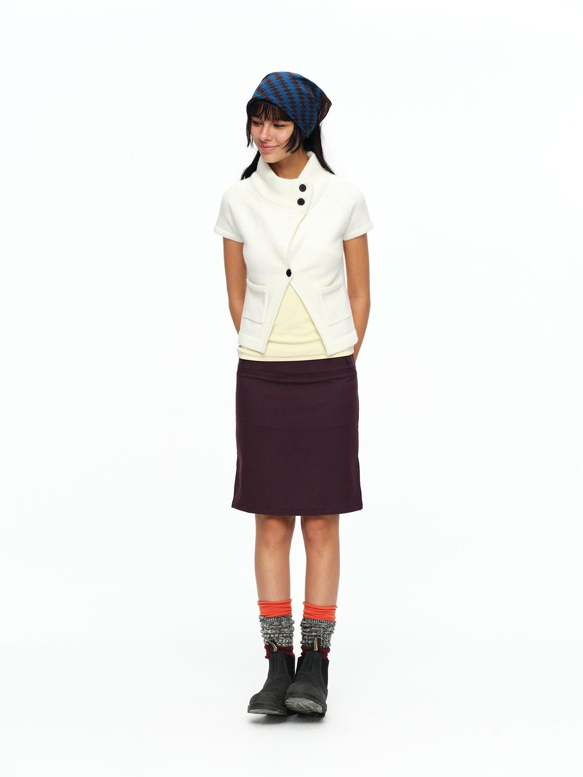 oinimi Cream Asymmetric Ribbed Stand Collar Layering Women&