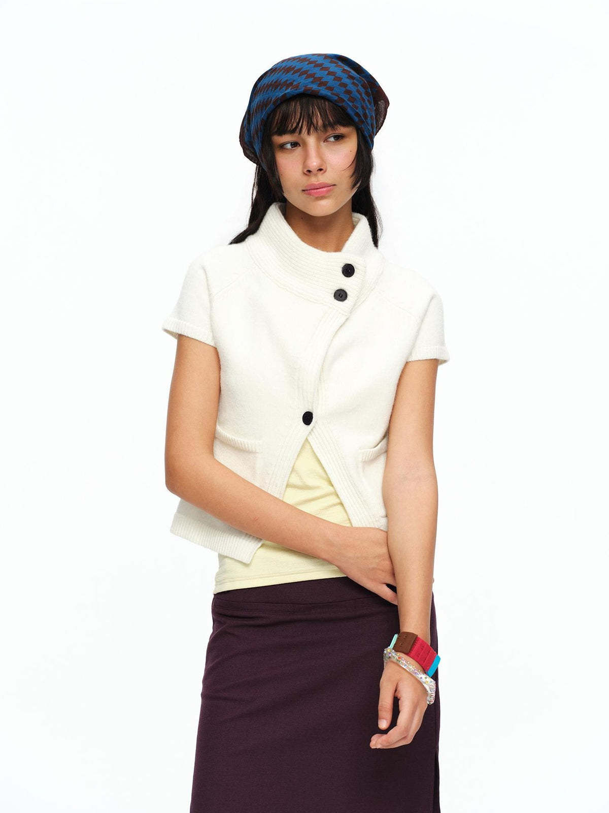 oinimi Cream Asymmetric Ribbed Stand Collar Layering Women&