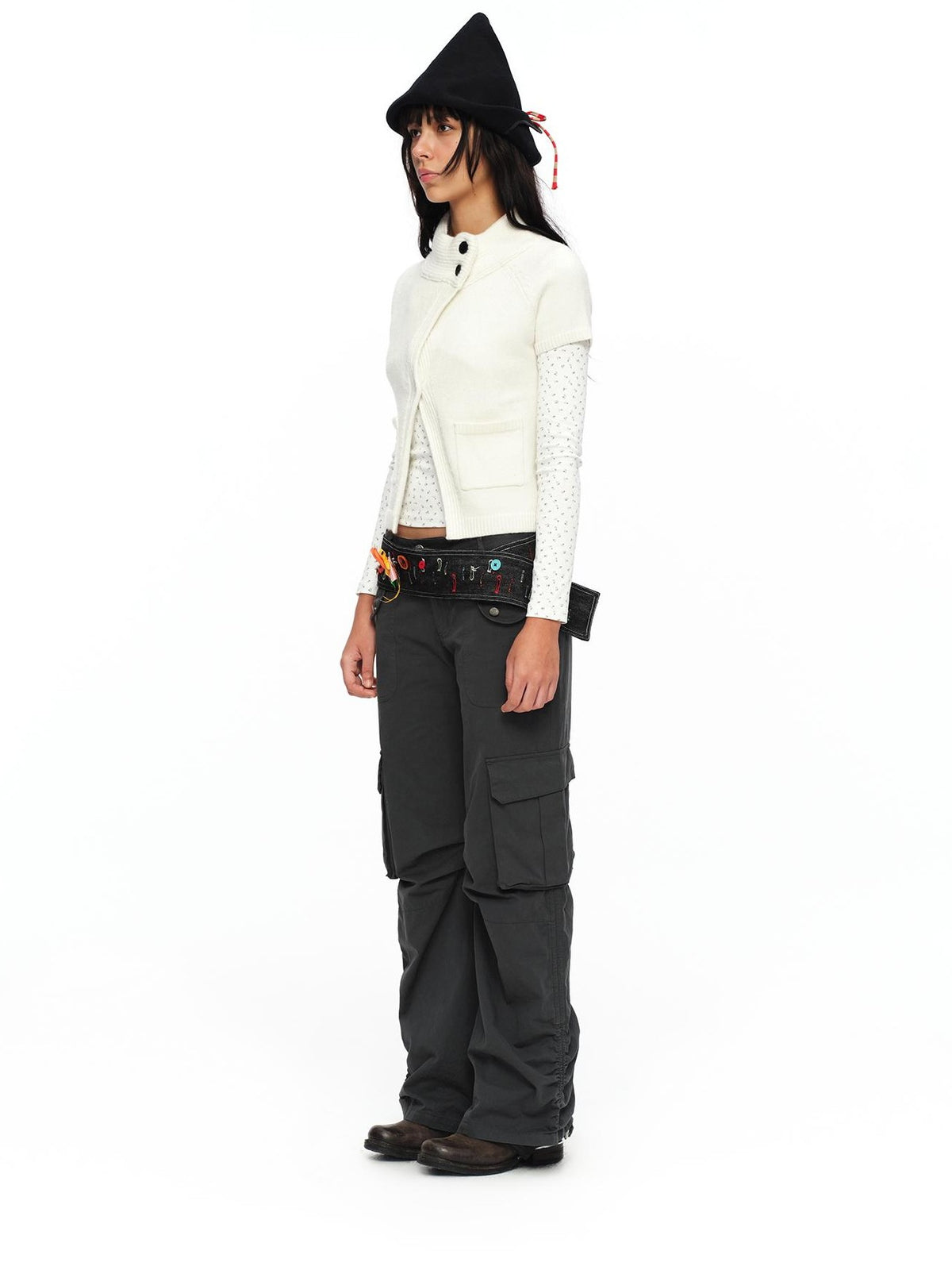 oinimi Cream Asymmetric Ribbed Stand Collar Layering Women&