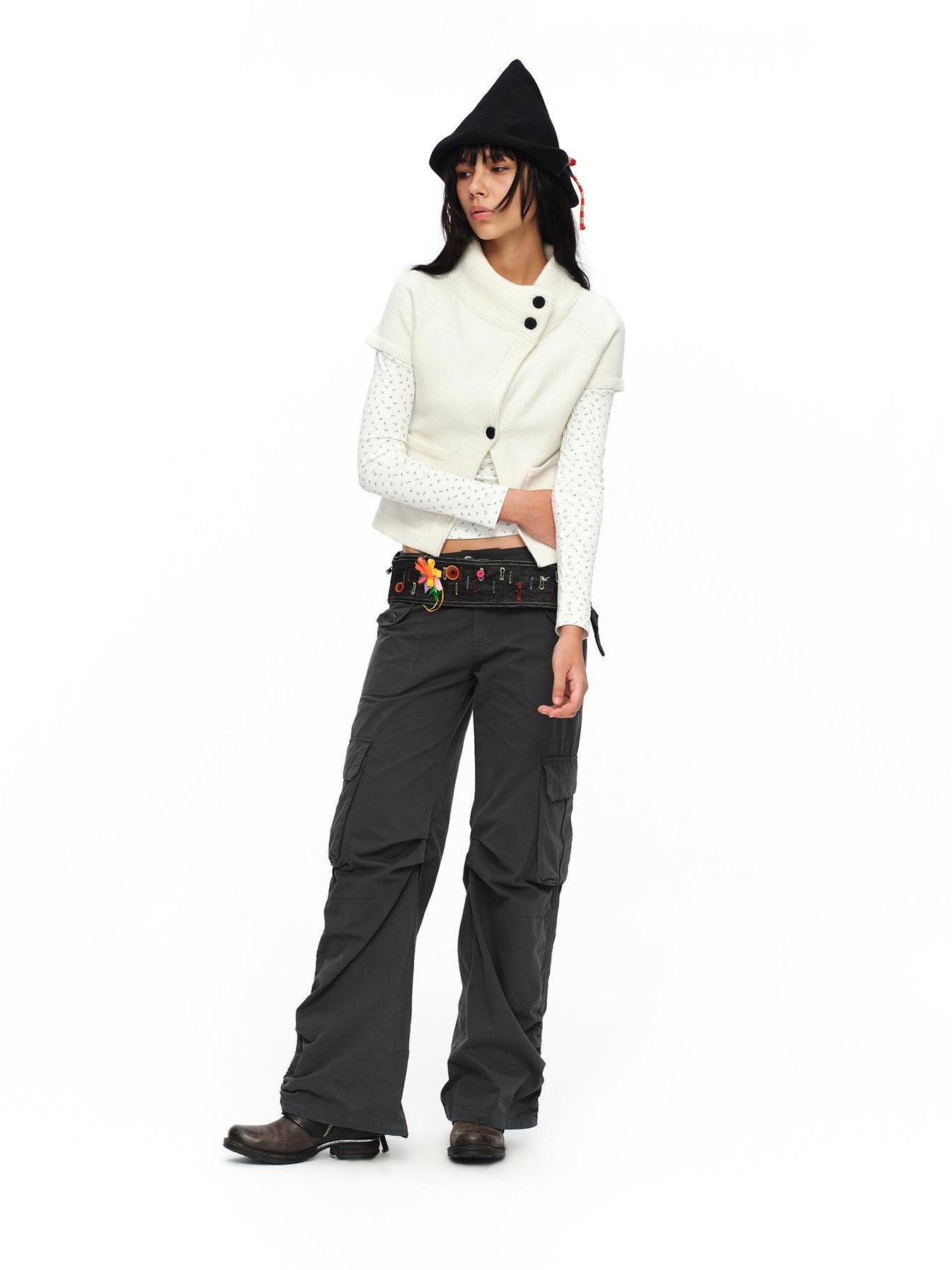 oinimi Cream Asymmetric Ribbed Stand Collar Layering Women&