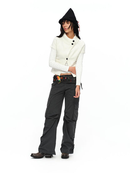 oinimi Cream Asymmetric Ribbed Stand Collar Layering Women&